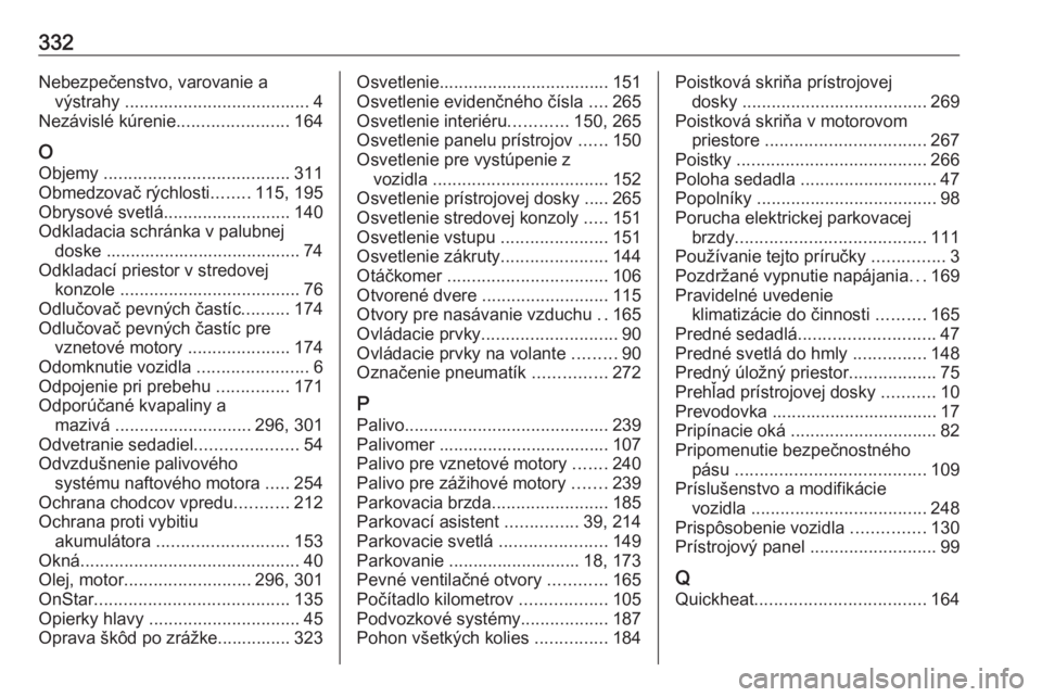 OPEL INSIGNIA BREAK 2018  Používateľská príručka (in Slovak) 332Nebezpečenstvo, varovanie avýstrahy  ...................................... 4
Nezávislé kúrenie .......................164
O
Objemy  ...................................... 311
Obmedzovač rýc