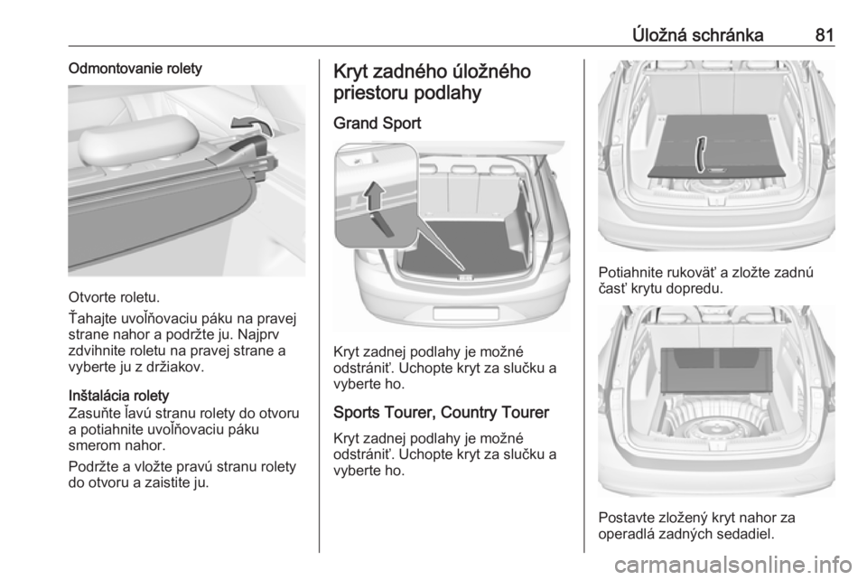 OPEL INSIGNIA BREAK 2018  Používateľská príručka (in Slovak) Úložná schránka81Odmontovanie rolety
Otvorte roletu.
Ťahajte uvoľňovaciu páku na pravej
strane nahor a podržte ju. Najprv
zdvihnite roletu na pravej strane a
vyberte ju z držiakov.
Inštalá