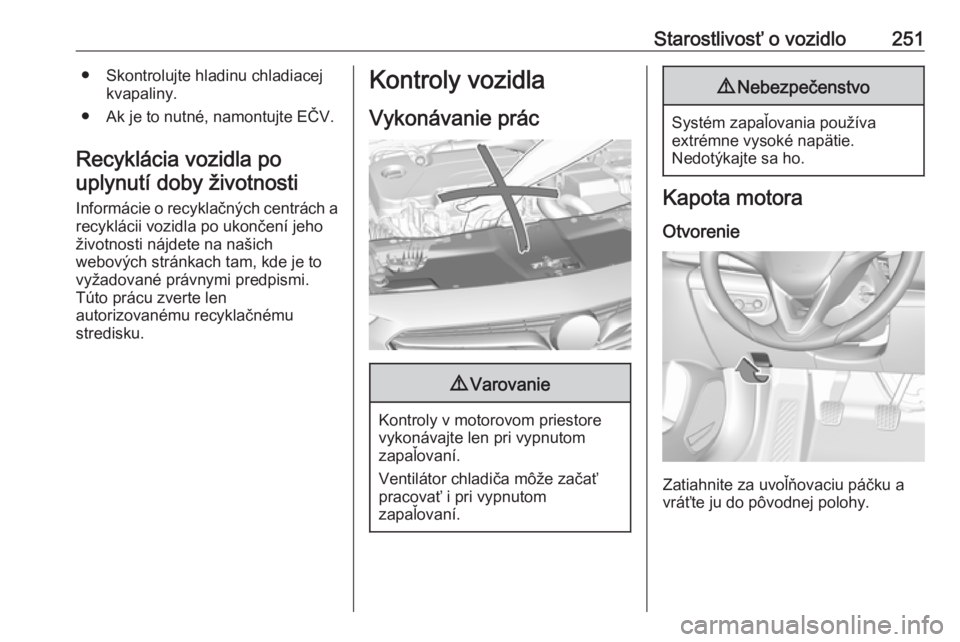 OPEL INSIGNIA BREAK 2018.5  Používateľská príručka (in Slovak) Starostlivosť o vozidlo251● Skontrolujte hladinu chladiacejkvapaliny.
● Ak je to nutné, namontujte EČV.
Recyklácia vozidla po uplynutí doby životnosti
Informácie o recyklačných centrách 