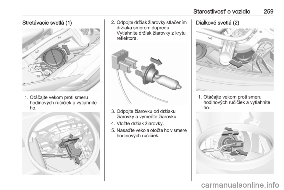 OPEL INSIGNIA BREAK 2018.5  Používateľská príručka (in Slovak) Starostlivosť o vozidlo259Stretávacie svetlá (1)
1. Otáčajte vekom proti smeruhodinových ručičiek a vytiahnite
ho.
2. Odpojte držiak žiarovky stlačením
držiaka smerom dopredu.
Vytiahnite 