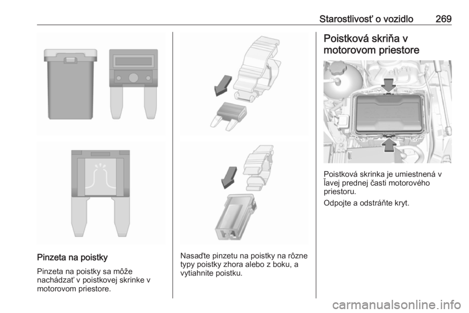 OPEL INSIGNIA BREAK 2018.5  Používateľská príručka (in Slovak) Starostlivosť o vozidlo269
Pinzeta na poistky
Pinzeta na poistky sa môže
nachádzať v poistkovej skrinke v motorovom priestore.Nasaďte pinzetu na poistky na rôzne
typy poistky zhora alebo z boku