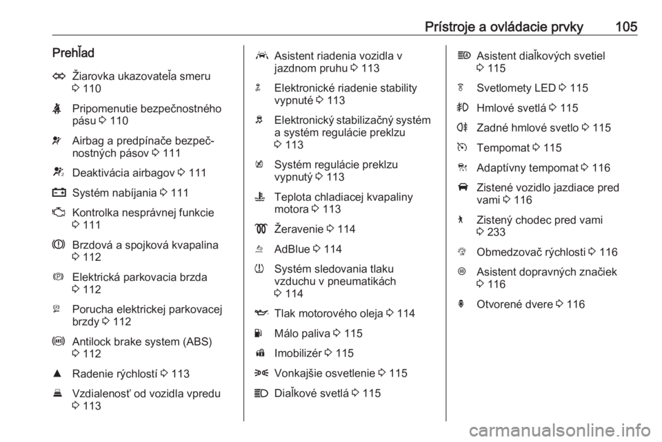 OPEL INSIGNIA BREAK 2019  Používateľská príručka (in Slovak) Prístroje a ovládacie prvky105PrehľadOŽiarovka ukazovateľa smeru
3  110XPripomenutie bezpečnostného
pásu  3 110vAirbag a predpínače bezpeč‐
nostných pásov  3 111VDeaktivácia airbagov  