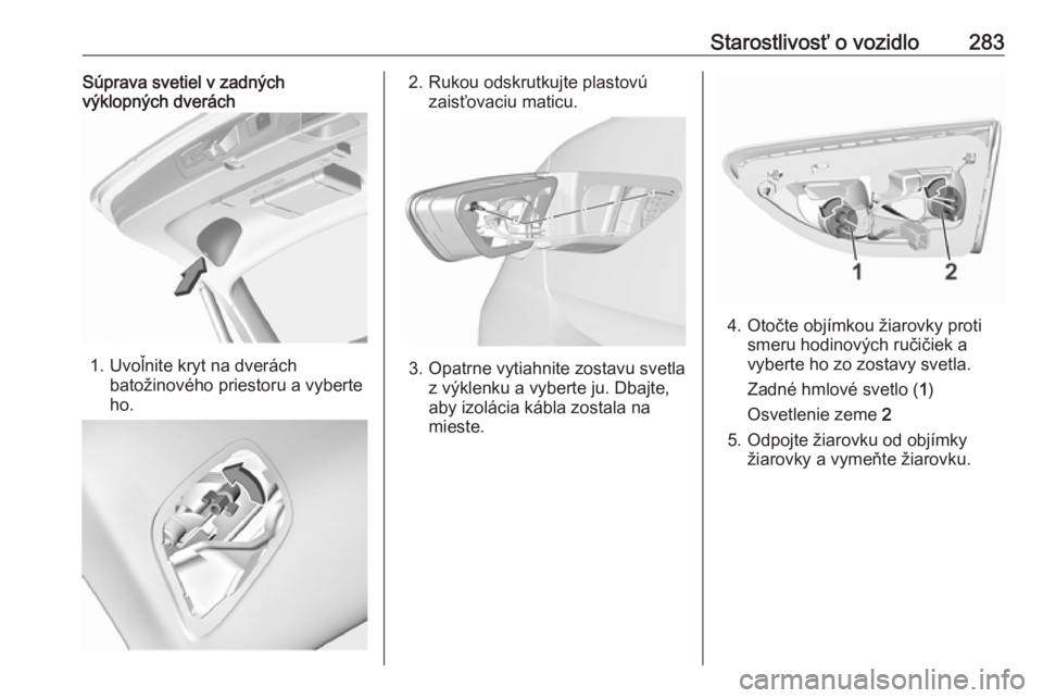 OPEL INSIGNIA BREAK 2019  Používateľská príručka (in Slovak) Starostlivosť o vozidlo283Súprava svetiel v zadných
výklopných dverách
1. Uvoľnite kryt na dverách
batožinového priestoru a vyberte
ho.
2. Rukou odskrutkujte plastovú zaisťovaciu maticu.
3