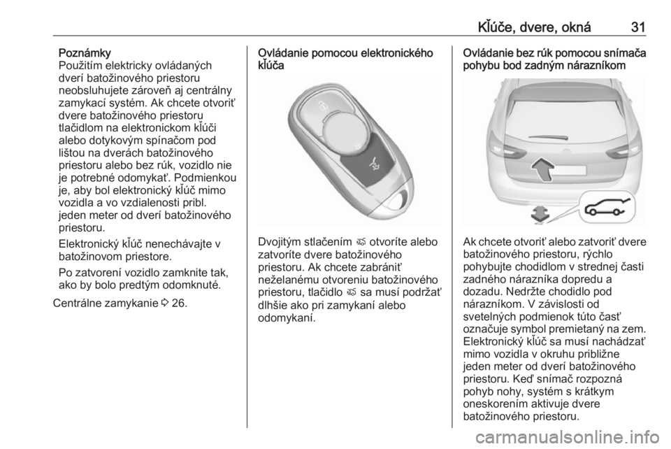 OPEL INSIGNIA BREAK 2019  Používateľská príručka (in Slovak) Kľúče, dvere, okná31Poznámky
Použitím elektricky ovládaných
dverí batožinového priestoru
neobsluhujete zároveň aj centrálny
zamykací systém. Ak chcete otvoriť
dvere batožinového pr