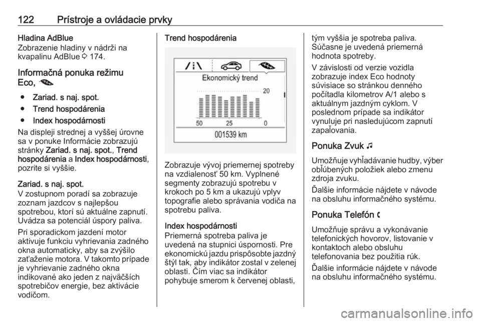 OPEL INSIGNIA BREAK 2019.5  Používateľská príručka (in Slovak) 122Prístroje a ovládacie prvkyHladina AdBlue
Zobrazenie hladiny v nádrži na
kvapalinu AdBlue  3 174.
Informačná ponuka režimu
Eco,  @
● Zariad. s naj. spot.
● Trend hospodárenia
● Index 