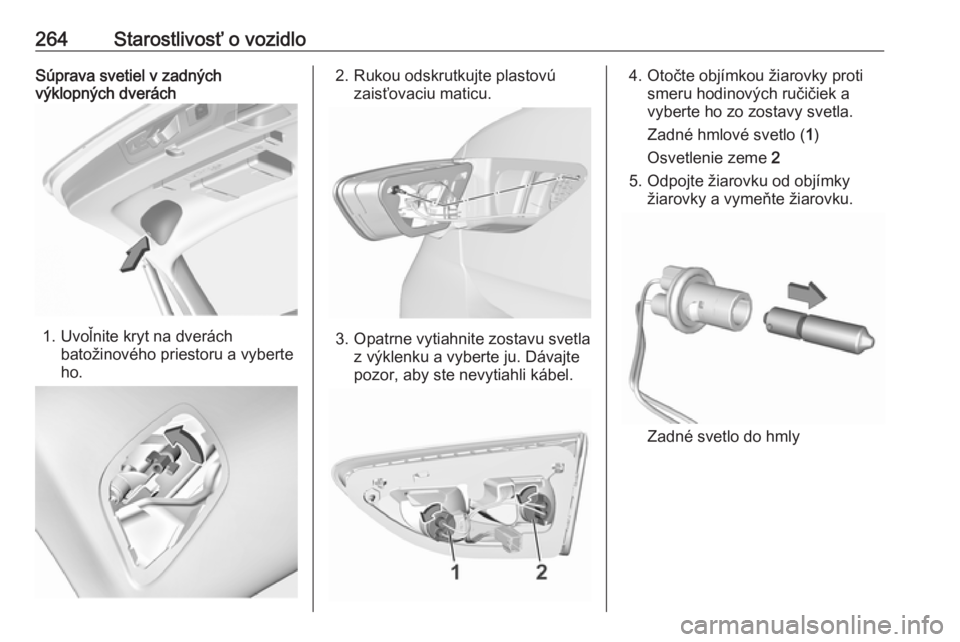 OPEL INSIGNIA BREAK 2019.5  Používateľská príručka (in Slovak) 264Starostlivosť o vozidloSúprava svetiel v zadných
výklopných dverách
1. Uvoľnite kryt na dverách
batožinového priestoru a vyberte
ho.
2. Rukou odskrutkujte plastovú zaisťovaciu maticu.
3