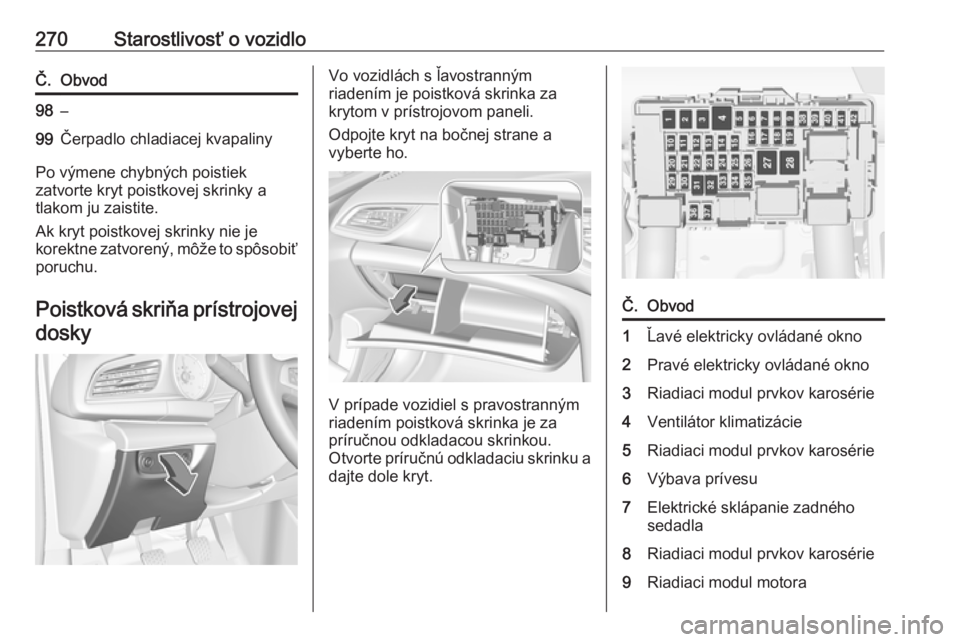 OPEL INSIGNIA BREAK 2019.5  Používateľská príručka (in Slovak) 270Starostlivosť o vozidloČ.Obvod98–99Čerpadlo chladiacej kvapaliny
Po výmene chybných poistiek
zatvorte kryt poistkovej skrinky a
tlakom ju zaistite.
Ak kryt poistkovej skrinky nie je
korektne