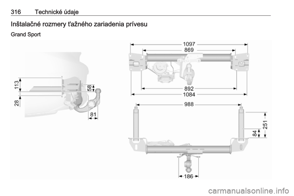 OPEL INSIGNIA BREAK 2019.5  Používateľská príručka (in Slovak) 316Technické údajeInštalačné rozmery ťažného zariadenia prívesu
Grand Sport 