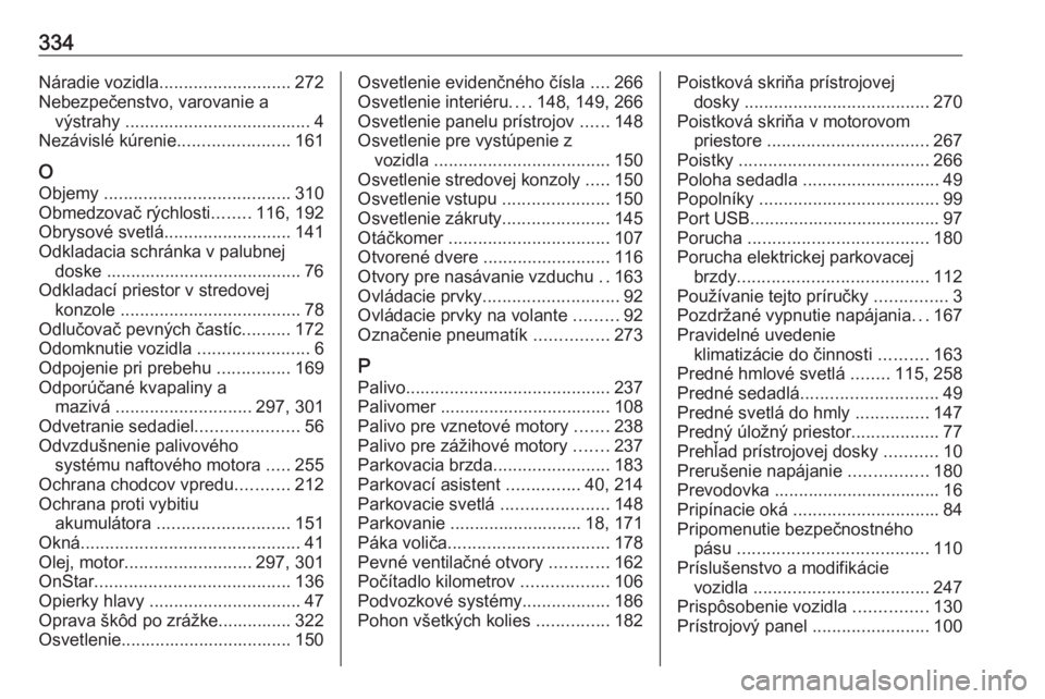 OPEL INSIGNIA BREAK 2019.5  Používateľská príručka (in Slovak) 334Náradie vozidla........................... 272
Nebezpečenstvo, varovanie a výstrahy  ...................................... 4
Nezávislé kúrenie .......................161
O Objemy  ..........
