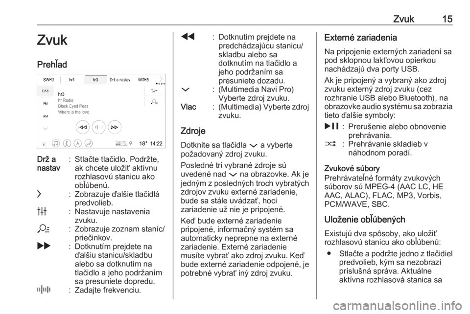 OPEL INSIGNIA BREAK 2020  Návod na obsluhu informačného systému (in Slovak) Zvuk15ZvukPrehľadDrž a
nastav:Stlačte tlačidlo. Podržte,
ak chcete uložiť aktívnu
rozhlasovú stanicu ako
obľúbenú.c:Zobrazuje ďalšie tlačidlá
predvolieb.b:Nastavuje nastavenia
zvuku.a: