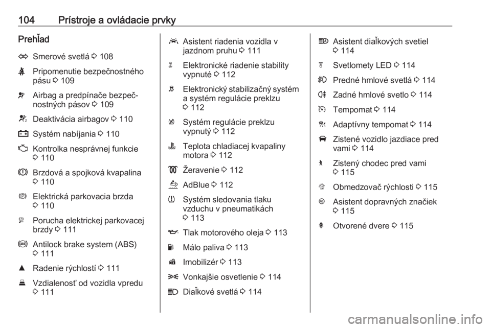 OPEL INSIGNIA BREAK 2020  Používateľská príručka (in Slovak) 104Prístroje a ovládacie prvkyPrehľadOSmerové svetlá 3 108XPripomenutie bezpečnostného
pásu  3 109vAirbag a predpínače bezpeč‐
nostných pásov  3 109VDeaktivácia airbagov  3 110pSystém