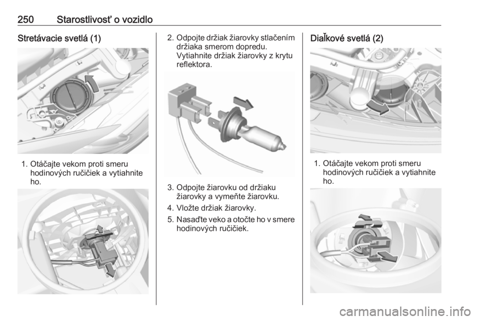 OPEL INSIGNIA BREAK 2020  Používateľská príručka (in Slovak) 250Starostlivosť o vozidloStretávacie svetlá (1)
1. Otáčajte vekom proti smeruhodinových ručičiek a vytiahnite
ho.
2. Odpojte držiak žiarovky stlačením
držiaka smerom dopredu.
Vytiahnite 