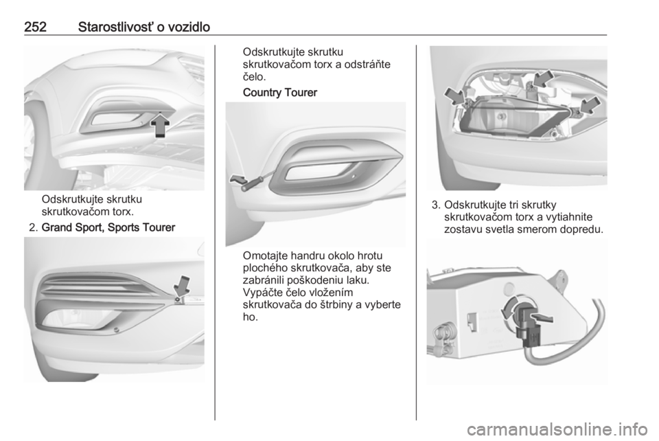 OPEL INSIGNIA BREAK 2020  Používateľská príručka (in Slovak) 252Starostlivosť o vozidlo
Odskrutkujte skrutku
skrutkovačom torx.
2. Grand Sport, Sports Tourer
Odskrutkujte skrutku
skrutkovačom torx a odstráňte
čelo.
Country Tourer
Omotajte handru okolo hro