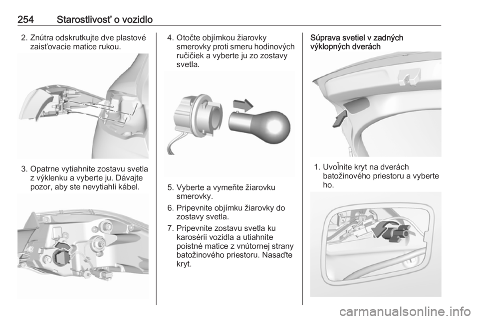 OPEL INSIGNIA BREAK 2020  Používateľská príručka (in Slovak) 254Starostlivosť o vozidlo2. Znútra odskrutkujte dve plastovézaisťovacie matice rukou.
3. Opatrne vytiahnite zostavu svetla z výklenku a vyberte ju. Dávajte
pozor, aby ste nevytiahli kábel.
4. 