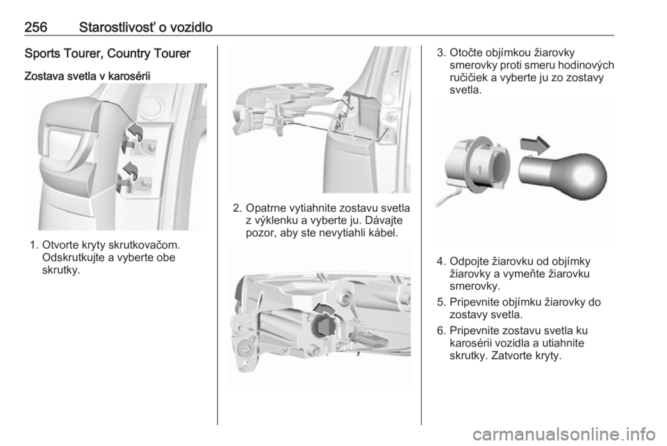 OPEL INSIGNIA BREAK 2020  Používateľská príručka (in Slovak) 256Starostlivosť o vozidloSports Tourer, Country TourerZostava svetla v karosérii
1. Otvorte kryty skrutkovačom. Odskrutkujte a vyberte obeskrutky.
2. Opatrne vytiahnite zostavu svetla z výklenku 
