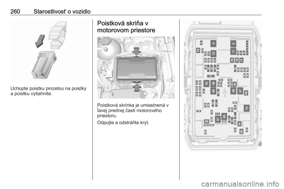 OPEL INSIGNIA BREAK 2020  Používateľská príručka (in Slovak) 260Starostlivosť o vozidlo
Uchopte poistku pinzetou na poistky
a poistku vytiahnite.
Poistková skriňa v
motorovom priestore
Poistková skrinka je umiestnená v
ľavej prednej časti motorového
pri