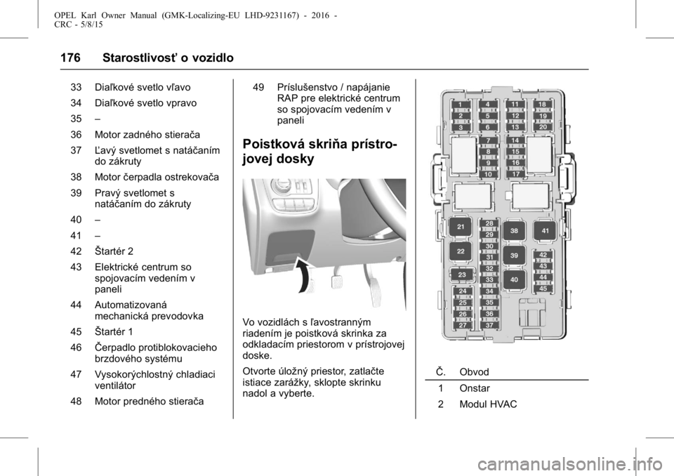 OPEL KARL 2015.75 Používateľská príručka (in Slovak) OPEL Karl Owner Manual (GMK-Localizing-EU LHD-9231167) - 2016 -
CRC - 5/8/15
176 Starostlivosťo vozidlo
33 Diaľkové svetlo vľavo
34 Diaľkové svetlo vpravo
35–
36 Motor zadného stierača
37 Ľ OPEL KARL 2015.75 Používateľská príručka (in Slovak) OPEL Karl Owner Manual (GMK-Localizing-EU LHD-9231167) - 2016 -
CRC - 5/8/15
176 Starostlivosťo vozidlo
33 Diaľkové svetlo vľavo
34 Diaľkové svetlo vpravo
35–
36 Motor zadného stierača
37 Ľ