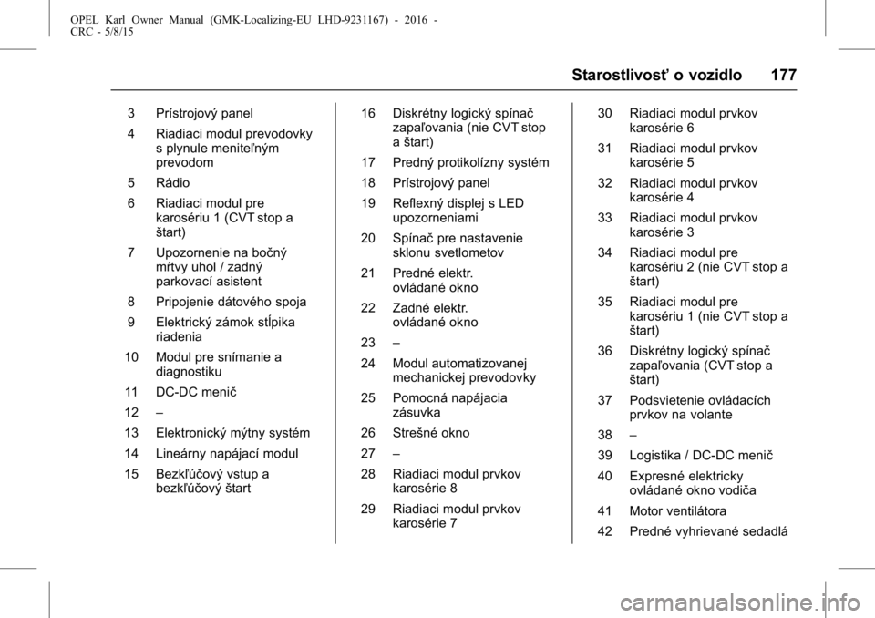 OPEL KARL 2015.75  Používateľská príručka (in Slovak) OPEL Karl Owner Manual (GMK-Localizing-EU LHD-9231167) - 2016 -
CRC - 5/8/15
Starostlivosťo vozidlo 177
3 Prístrojový panel
4 Riadiaci modul prevodovky
s plynule meniteľným
prevodom
5 Rádio
6 Ri