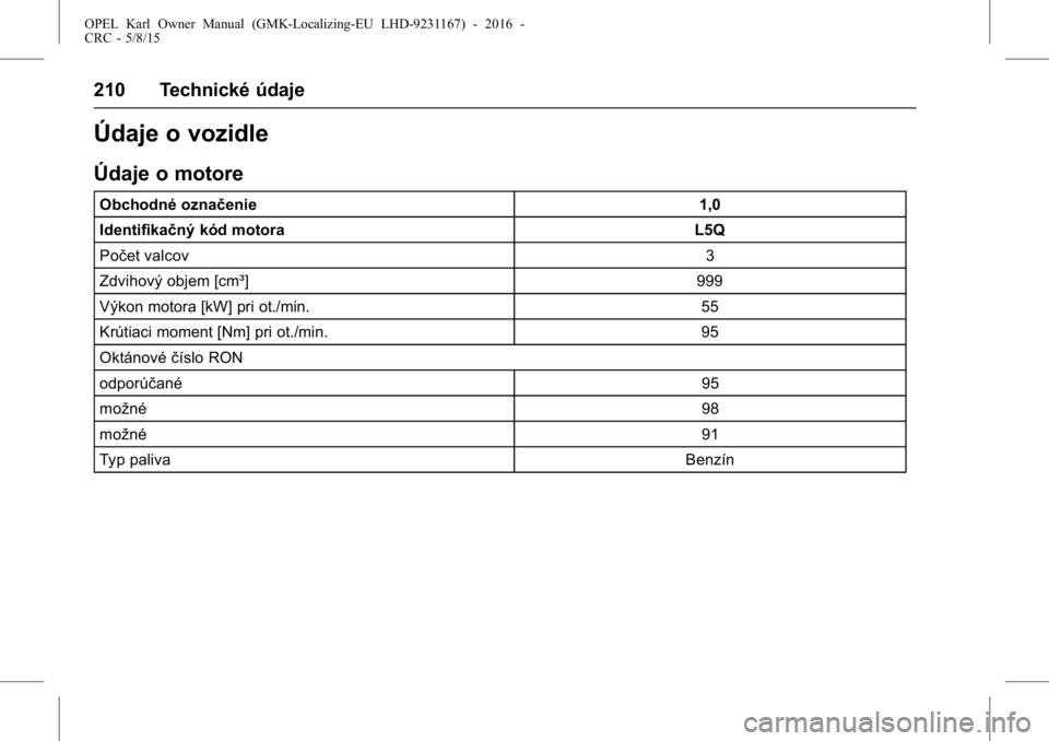 OPEL KARL 2015.75  Používateľská príručka (in Slovak) OPEL Karl Owner Manual (GMK-Localizing-EU LHD-9231167) - 2016 -
CRC - 5/8/15
210 Technické údaje
Údaje o vozidle
Údaje o motore
Obchodné označenie1,0
Identifikačný kód motora L5Q
Počet valco