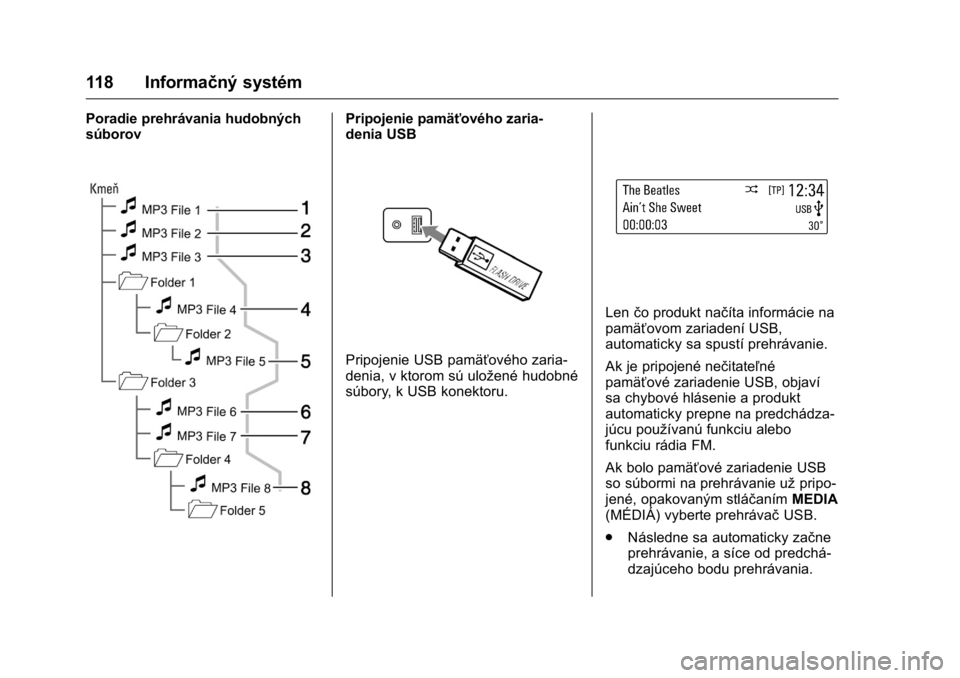 OPEL KARL 2016  Používateľská príručka (in Slovak) OPEL Karl Owner Manual (GMK-Localizing-EU LHD-9231167) - 2016 - crc -
9/9/15
118 Informačný systém
Poradie prehrávania hudobných
súborovPripojenie pamäťového zaria-
denia USB
Pripojenie USB p
