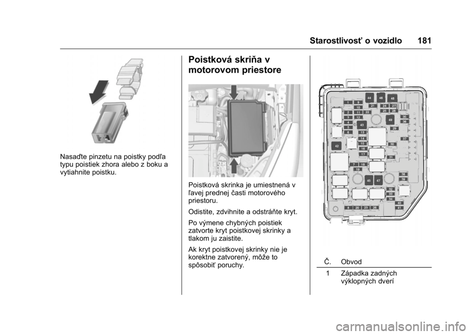 OPEL KARL 2016  Používateľská príručka (in Slovak) OPEL Karl Owner Manual (GMK-Localizing-EU LHD-9231167) - 2016 - crc -
9/9/15
Starostlivosťo vozidlo 181
Nasaďte pinzetu na poistky podľa
typu poistiek zhora alebo z boku a
vytiahnite poistku.
Poist