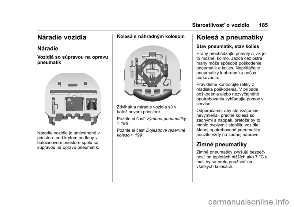 OPEL KARL 2016  Používateľská príručka (in Slovak) OPEL Karl Owner Manual (GMK-Localizing-EU LHD-9231167) - 2016 - crc -
9/9/15
Starostlivosťo vozidlo 185
Náradie vozidla
Náradie
Vozidlá so súpravou na opravu
pneumatík
Náradie vozidla je umiest