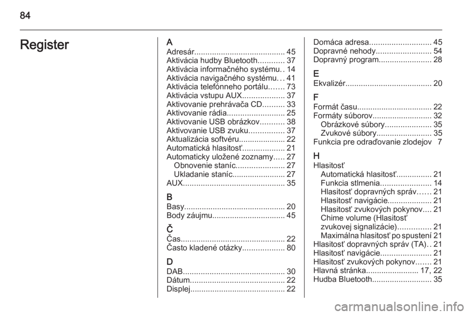 OPEL MERIVA 2015 Návod na obsluhu informačného systému (in Slovak) 84RegisterAAdresár ......................................... 45
Aktivácia hudby Bluetooth ............37
Aktivácia informačného systému ..14
Aktivácia navigačného systému ...41
Aktivácia te OPEL MERIVA 2015 Návod na obsluhu informačného systému (in Slovak) 84RegisterAAdresár ......................................... 45
Aktivácia hudby Bluetooth ............37
Aktivácia informačného systému ..14
Aktivácia navigačného systému ...41
Aktivácia te