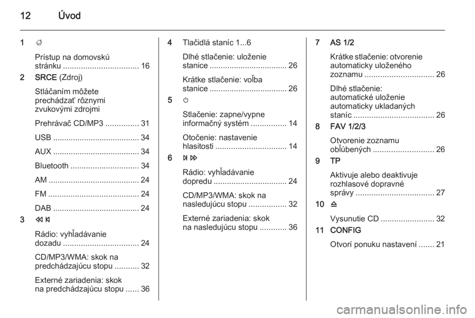 OPEL MERIVA 2015.5 Návod na obsluhu informačného systému (in Slovak) 12Úvod
1;
Prístup na domovskú
stránku .................................. 16
2 SRCE (Zdroj)
Stláčaním môžete
prechádzať rôznymi
zvukovými zdrojmi
Prehrávač CD/MP3 ...............31
USB OPEL MERIVA 2015.5 Návod na obsluhu informačného systému (in Slovak) 12Úvod
1;
Prístup na domovskú
stránku .................................. 16
2 SRCE (Zdroj)
Stláčaním môžete
prechádzať rôznymi
zvukovými zdrojmi
Prehrávač CD/MP3 ...............31
USB