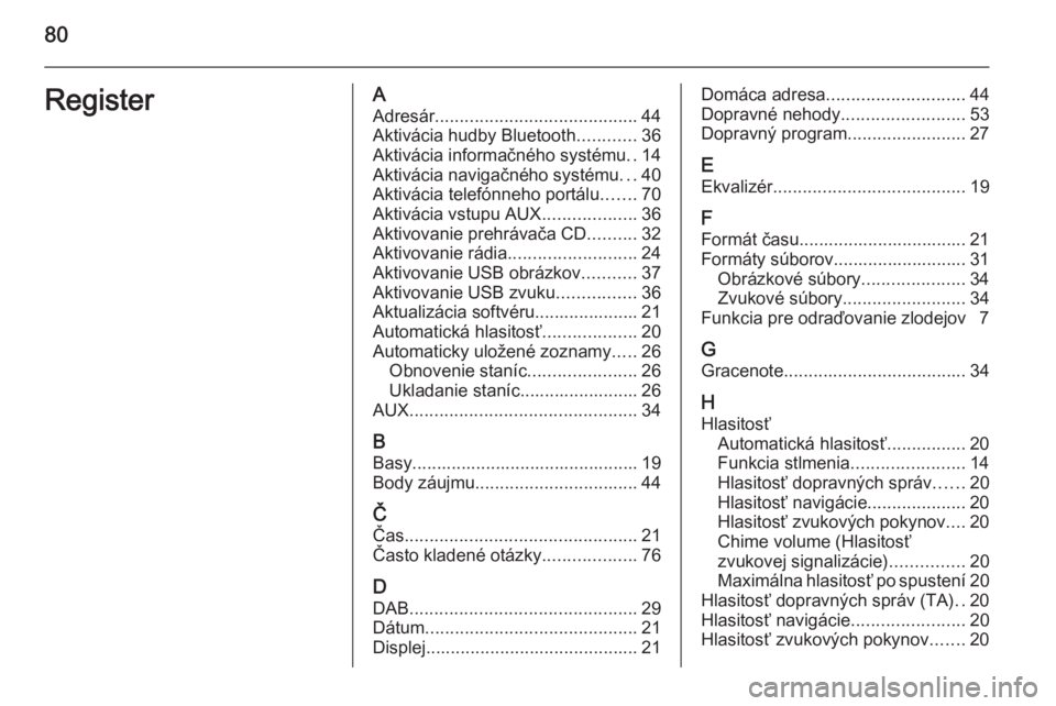 OPEL MERIVA 2015.5 Návod na obsluhu informačného systému (in Slovak) 80RegisterAAdresár ......................................... 44
Aktivácia hudby Bluetooth ............36
Aktivácia informačného systému ..14
Aktivácia navigačného systému ...40
Aktivácia te OPEL MERIVA 2015.5 Návod na obsluhu informačného systému (in Slovak) 80RegisterAAdresár ......................................... 44
Aktivácia hudby Bluetooth ............36
Aktivácia informačného systému ..14
Aktivácia navigačného systému ...40
Aktivácia te