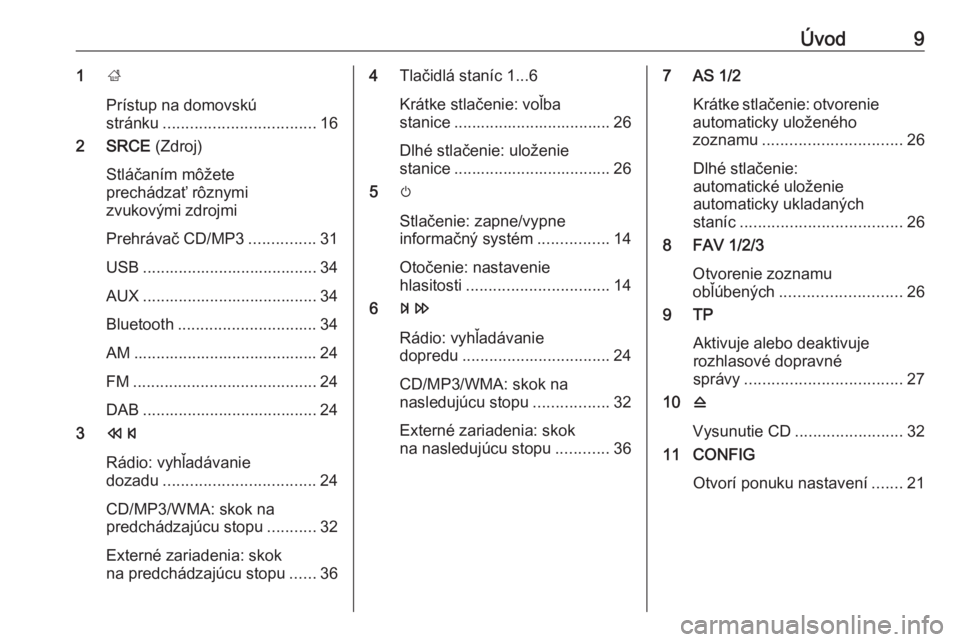 OPEL MERIVA 2016  Návod na obsluhu informačného systému (in Slovak) Úvod91;
Prístup na domovskú stránku .................................. 16
2 SRCE  (Zdroj)
Stláčaním môžete
prechádzať rôznymi
zvukovými zdrojmi
Prehrávač CD/MP3 ...............31
USB ..