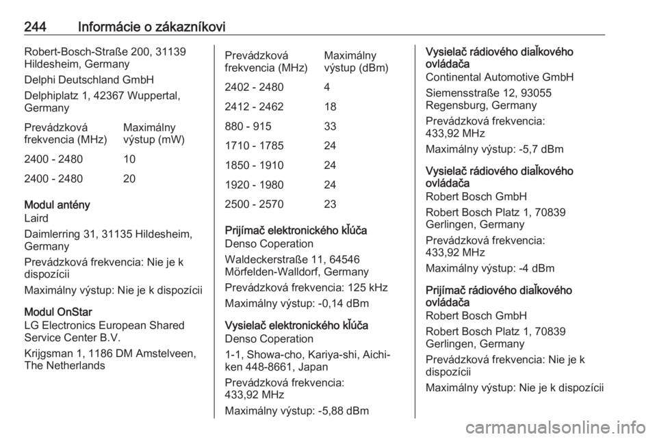 OPEL MOKKA X 2018.5 Návod na obsluhu informačného systému (in Slovak) 244Informácie o zákazníkoviRobert-Bosch-Straße 200, 31139
Hildesheim, Germany
Delphi Deutschland GmbH
Delphiplatz 1, 42367 Wuppertal, GermanyPrevádzková
frekvencia (MHz)Maximálny
výstup (mW)24 OPEL MOKKA X 2018.5 Návod na obsluhu informačného systému (in Slovak) 244Informácie o zákazníkoviRobert-Bosch-Straße 200, 31139
Hildesheim, Germany
Delphi Deutschland GmbH
Delphiplatz 1, 42367 Wuppertal, GermanyPrevádzková
frekvencia (MHz)Maximálny
výstup (mW)24