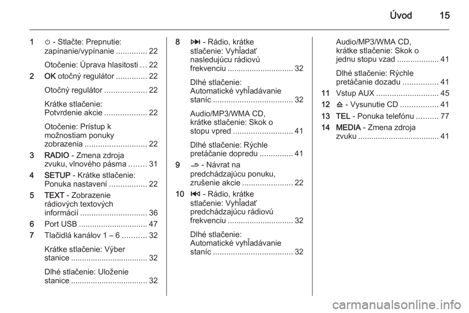 OPEL VIVARO B 2014.5  Návod na obsluhu informačného systému (in Slovak) Úvod15
1m - Stlačte: Prepnutie:
zapínanie/vypínanie ..............22
Otočenie: Úprava hlasitosti ...22
2 OK  otočný regulátor ..............22
Otočný regulátor ...................22
Krátk