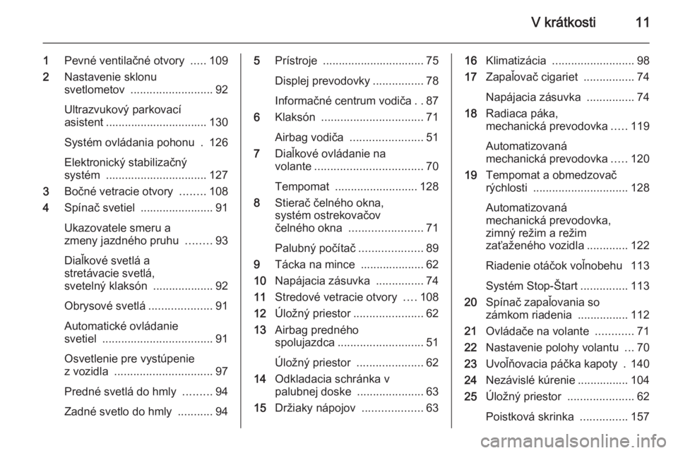 OPEL MOVANO_B 2015  Používateľská príručka (in Slovak) V krátkosti11
1Pevné ventilačné otvory  .....109
2 Nastavenie sklonu
svetlometov  .......................... 92
Ultrazvukový parkovací
asistent ................................ 130
Systém ovlá