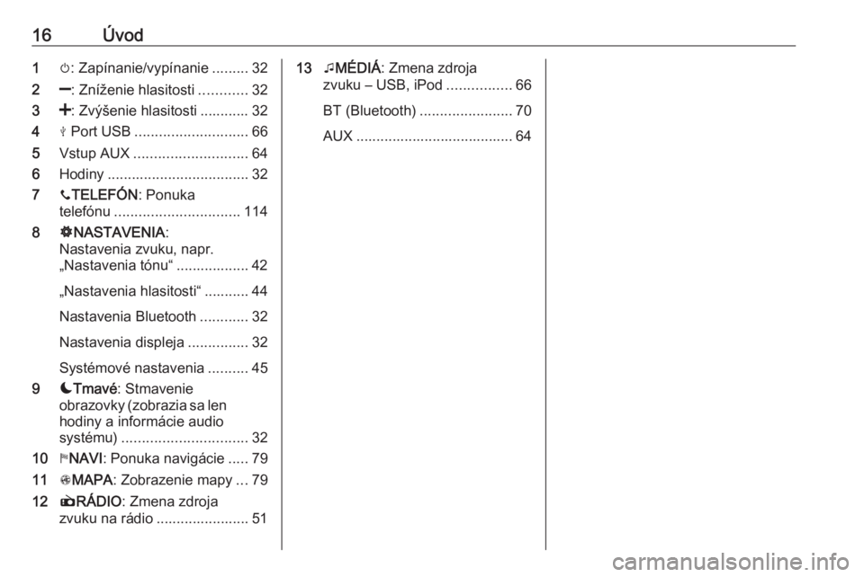 OPEL VIVARO B 2016.5  Návod na obsluhu informačného systému (in Slovak) 16Úvod1m: Zapínanie/vypínanie .........32
2 ]: Zníženie hlasitosti ............32
3 <: Zvýšenie hlasitosti ............ 32
4 M Port USB ............................ 66
5 Vstup AUX .............