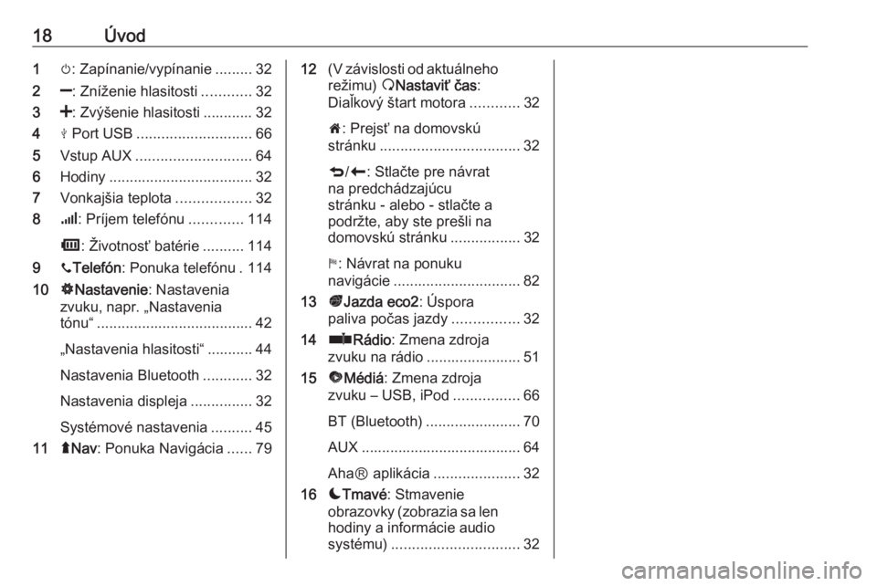 OPEL VIVARO B 2016.5  Návod na obsluhu informačného systému (in Slovak) 18Úvod1m: Zapínanie/vypínanie .........32
2 ]: Zníženie hlasitosti ............32
3 <: Zvýšenie hlasitosti ............ 32
4 M Port USB ............................ 66
5 Vstup AUX .............
