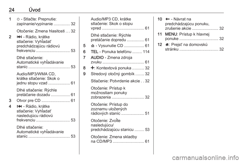 OPEL VIVARO B 2016.5  Návod na obsluhu informačného systému (in Slovak) 24Úvod1m - Stlačte: Prepnutie:
zapínanie/vypínanie ..............32
Otočenie: Zmena hlasitosti ...32
2 2 - Rádio, krátke
stlačenie: Vyhľadať
predchádzajúcu rádiovú
frekvenciu ...........