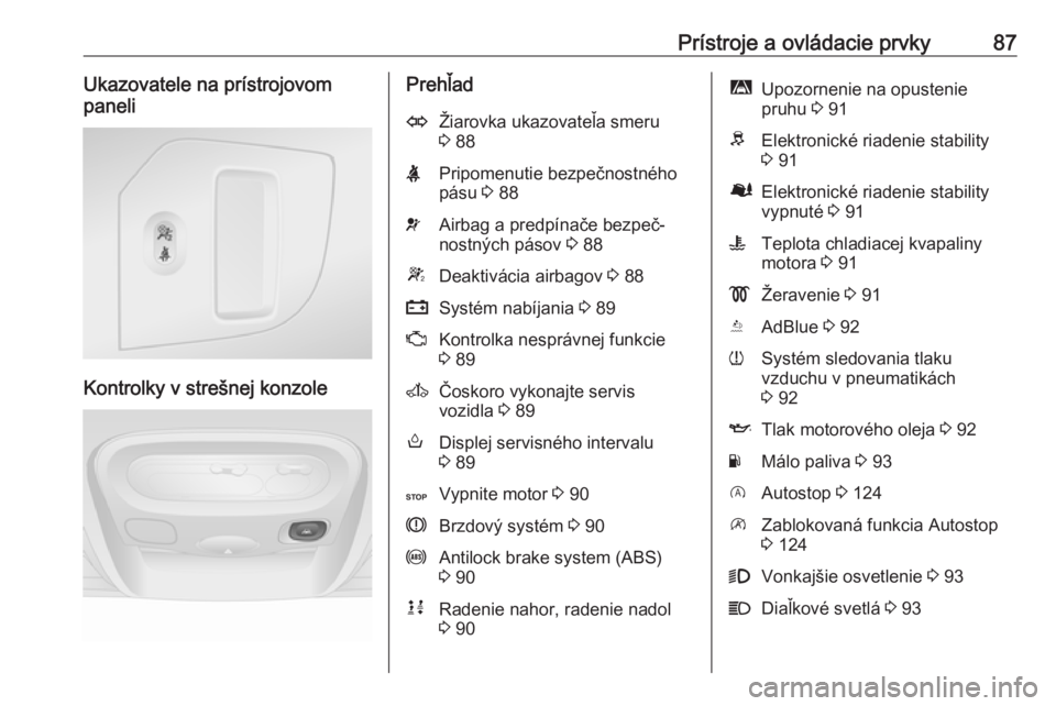OPEL MOVANO_B 2016.5  Používateľská príručka (in Slovak) Prístroje a ovládacie prvky87Ukazovatele na prístrojovom
paneli
Kontrolky v strešnej konzole
PrehľadOŽiarovka ukazovateľa smeru
3  88XPripomenutie bezpečnostného
pásu  3 88vAirbag a predpín
