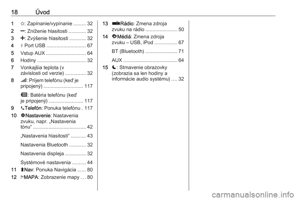 OPEL MOVANO_B 2018  Návod na obsluhu informačného systému (in Slovak) 18Úvod1m: Zapínanie/vypínanie .........32
2 ]: Zníženie hlasitosti ............32
3 <: Zvýšenie hlasitosti ............ 32
4 M Port USB ............................ 67
5 Vstup AUX .............
