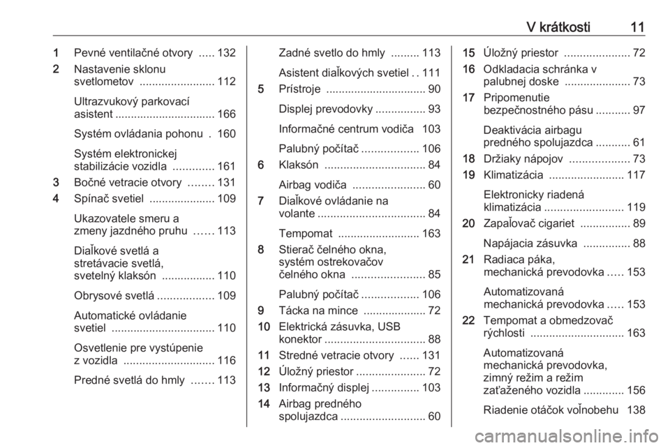 OPEL MOVANO_B 2018  Používateľská príručka (in Slovak) V krátkosti111Pevné ventilačné otvory  .....132
2 Nastavenie sklonu
svetlometov  ........................ 112
Ultrazvukový parkovací
asistent ................................ 166
Systém ovláda