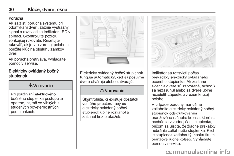 OPEL MOVANO_B 2018  Používateľská príručka (in Slovak) 30Kľúče, dvere, oknáPorucha
Ak sa zistí porucha systému pri
odomykaní dverí, zaznie výstražný
signál a rozsvieti sa indikátor LED v
spínači. Skontrolujte pozíciu
vonkajšej rukoväte. 
