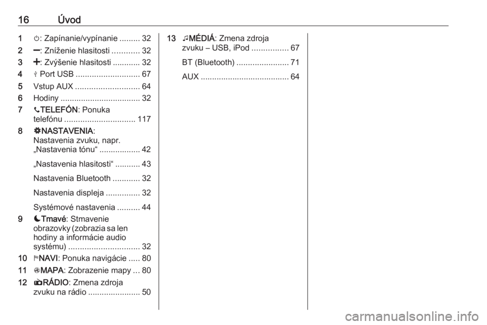 OPEL MOVANO_B 2018.5  Návod na obsluhu informačného systému (in Slovak) 16Úvod1m: Zapínanie/vypínanie .........32
2 ]: Zníženie hlasitosti ............32
3 <: Zvýšenie hlasitosti ............ 32
4 M Port USB ............................ 67
5 Vstup AUX .............