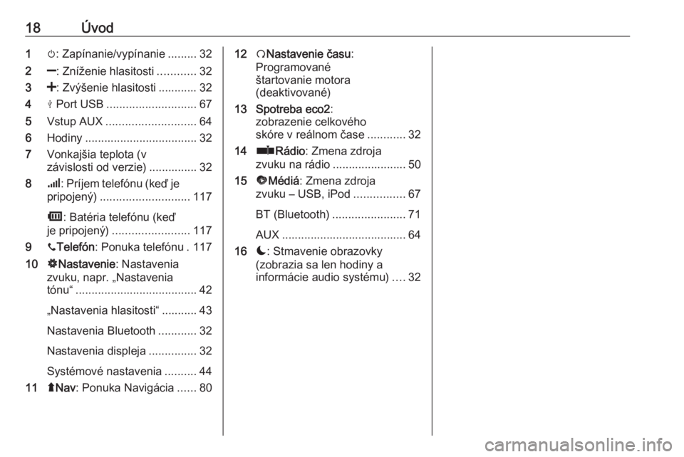 OPEL MOVANO_B 2018.5  Návod na obsluhu informačného systému (in Slovak) 18Úvod1m: Zapínanie/vypínanie .........32
2 ]: Zníženie hlasitosti ............32
3 <: Zvýšenie hlasitosti ............ 32
4 M Port USB ............................ 67
5 Vstup AUX .............