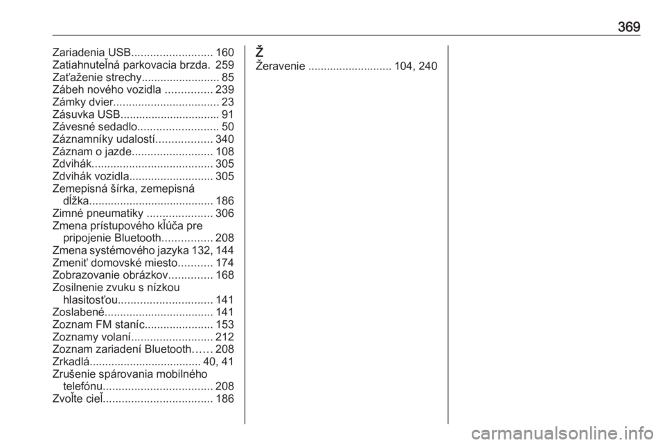 OPEL MOVANO_B 2020  Používateľská príručka (in Slovak) 369Zariadenia USB.......................... 160
Zatiahnuteľná parkovacia brzda. 259
Zaťaženie strechy .........................85
Zábeh nového vozidla  ...............239
Zámky dvier ..........