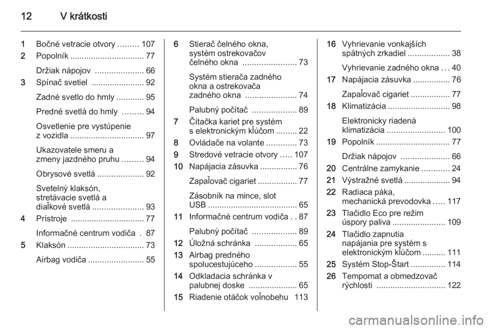 OPEL VIVARO B 2014.5  Používateľská príručka (in Slovak) 12V krátkosti
1Bočné vetracie otvory .........107
2 Popolník ................................ 77
Držiak nápojov  .....................66
3 Spínač svetiel  ....................... 92
Zadné sve
