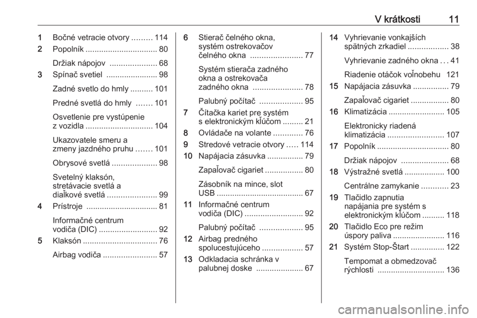 OPEL VIVARO B 2016  Používateľská príručka (in Slovak) V krátkosti111Bočné vetracie otvory .........114
2 Popolník ................................ 80
Držiak nápojov  .....................68
3 Spínač svetiel  ....................... 98
Zadné svet