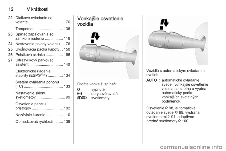 OPEL VIVARO B 2016  Používateľská príručka (in Slovak) 12V krátkosti22Diaľkové ovládanie na
volante  ................................. 76
Tempomat  .......................... 136
23 Spínač zapaľovania so
zámkom riadenia ................. 118
24 Na
