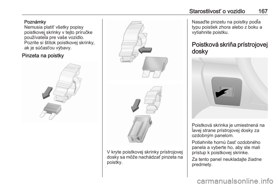 OPEL VIVARO B 2016.5  Používateľská príručka (in Slovak) Starostlivosť o vozidlo167Poznámky
Nemusia platiť všetky popisy
poistkovej skrinky v tejto príručke
používateľa pre vaše vozidlo.
Pozrite si štítok poistkovej skrinky, ak je súčasťou v OPEL VIVARO B 2016.5  Používateľská príručka (in Slovak) Starostlivosť o vozidlo167Poznámky
Nemusia platiť všetky popisy
poistkovej skrinky v tejto príručke
používateľa pre vaše vozidlo.
Pozrite si štítok poistkovej skrinky, ak je súčasťou v
