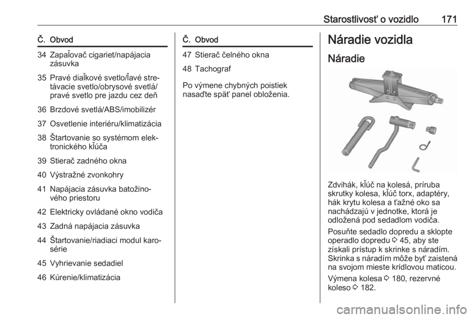 OPEL VIVARO B 2016.5  Používateľská príručka (in Slovak) Starostlivosť o vozidlo171Č.Obvod34Zapaľovač cigariet/napájacia
zásuvka35Pravé diaľkové svetlo/ľavé stre‐
távacie svetlo/obrysové svetlá/
pravé svetlo pre jazdu cez deň36Brzdové sve
