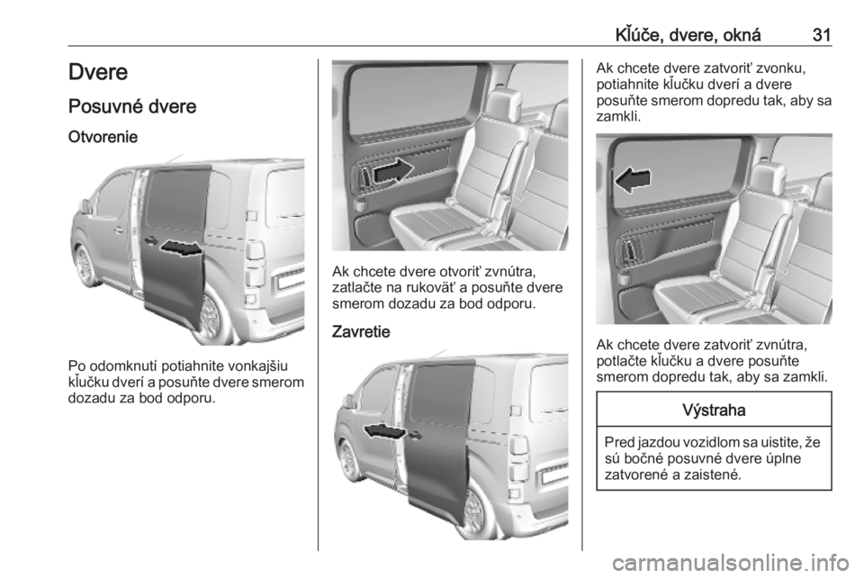 OPEL VIVARO C 2020 Používateľská príručka (in Slovak) Kľúče, dvere, okná31Dvere
Posuvné dvere
Otvorenie
Po odomknutí potiahnite vonkajšiu
kľučku dverí a posuňte dvere smerom
dozadu za bod odporu.
Ak chcete dvere otvoriť zvnútra,
zatlačte na OPEL VIVARO C 2020 Používateľská príručka (in Slovak) Kľúče, dvere, okná31Dvere
Posuvné dvere
Otvorenie
Po odomknutí potiahnite vonkajšiu
kľučku dverí a posuňte dvere smerom
dozadu za bod odporu.
Ak chcete dvere otvoriť zvnútra,
zatlačte na