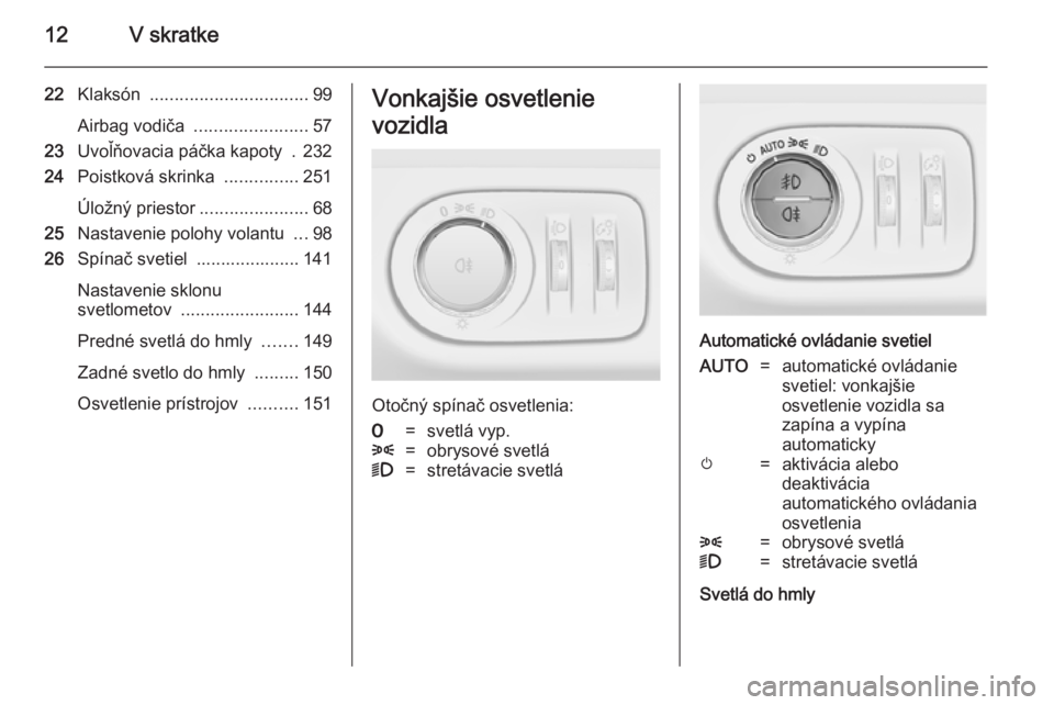 OPEL ZAFIRA C 2014  Používateľská príručka (in Slovak) 12V skratke
22Klaksón  ................................ 99
Airbag vodiča  ....................... 57
23 Uvoľňovacia páčka kapoty  . 232
24 Poistková skrinka  ...............251
Úložný priest